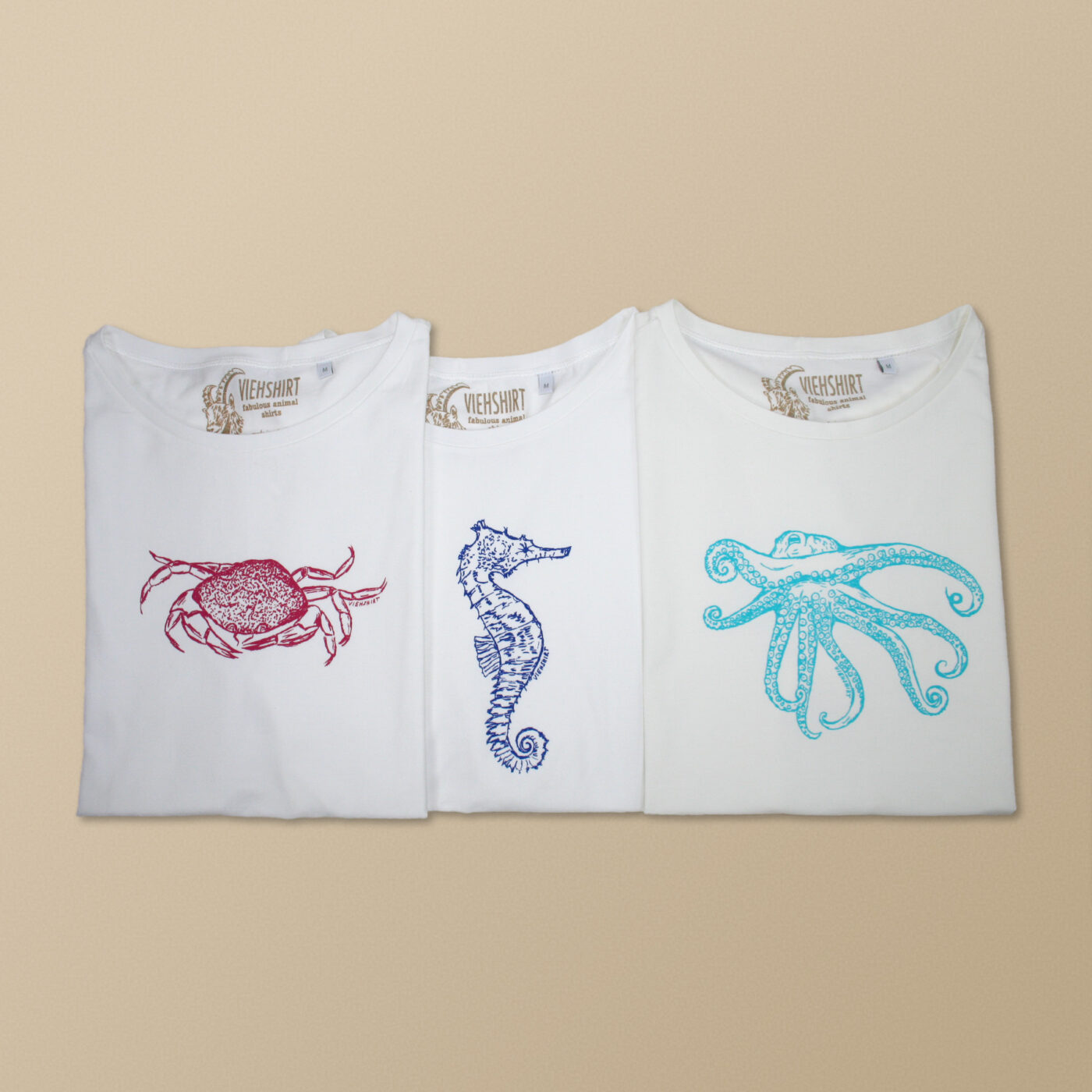 Weiße Viehshirt Damen Shirts mit den Motiven: Krebs, Seestern und Oktopus