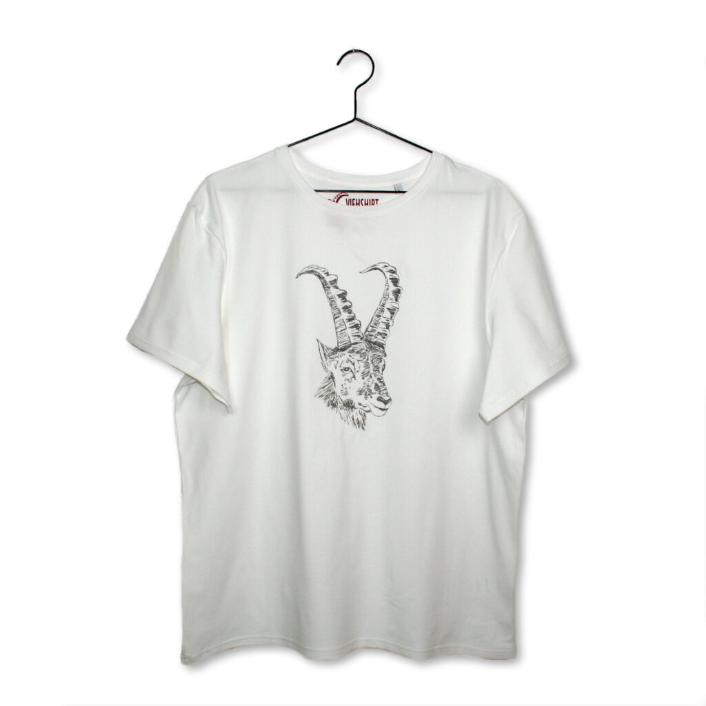 Weißes T-Shirt mit aufgedrucktem Steinbock-Kopf