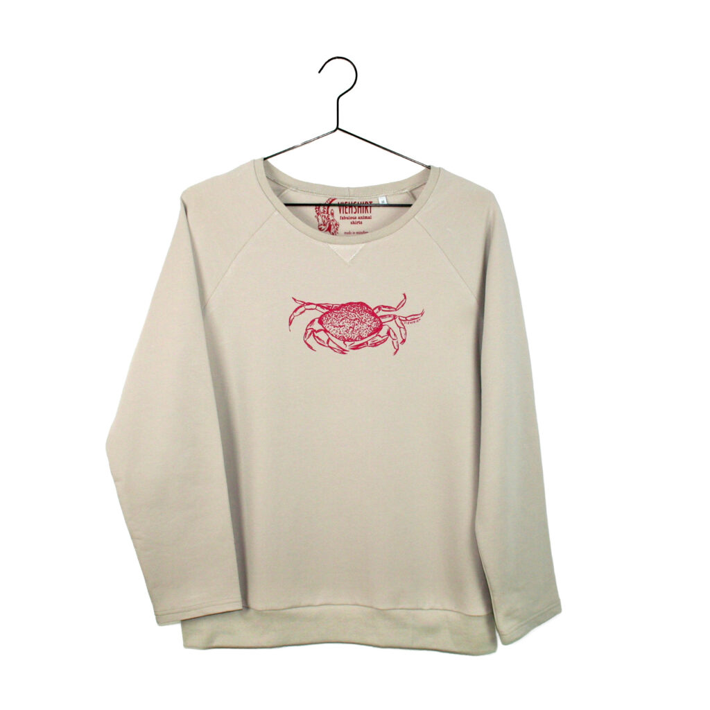 Sandfarbener Sweater mit Siebdruckmotiv Krabbe