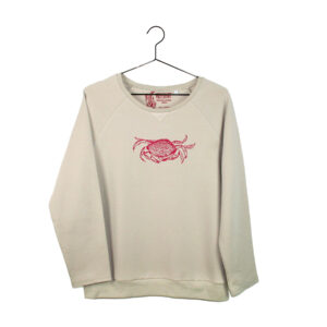 Sandfarbener Sweater mit Siebdruckmotiv Krabbe