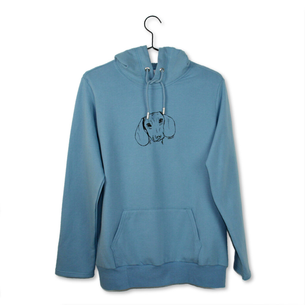 Blauer Hoodie mit Siebdruckmotiv Dackelkopf