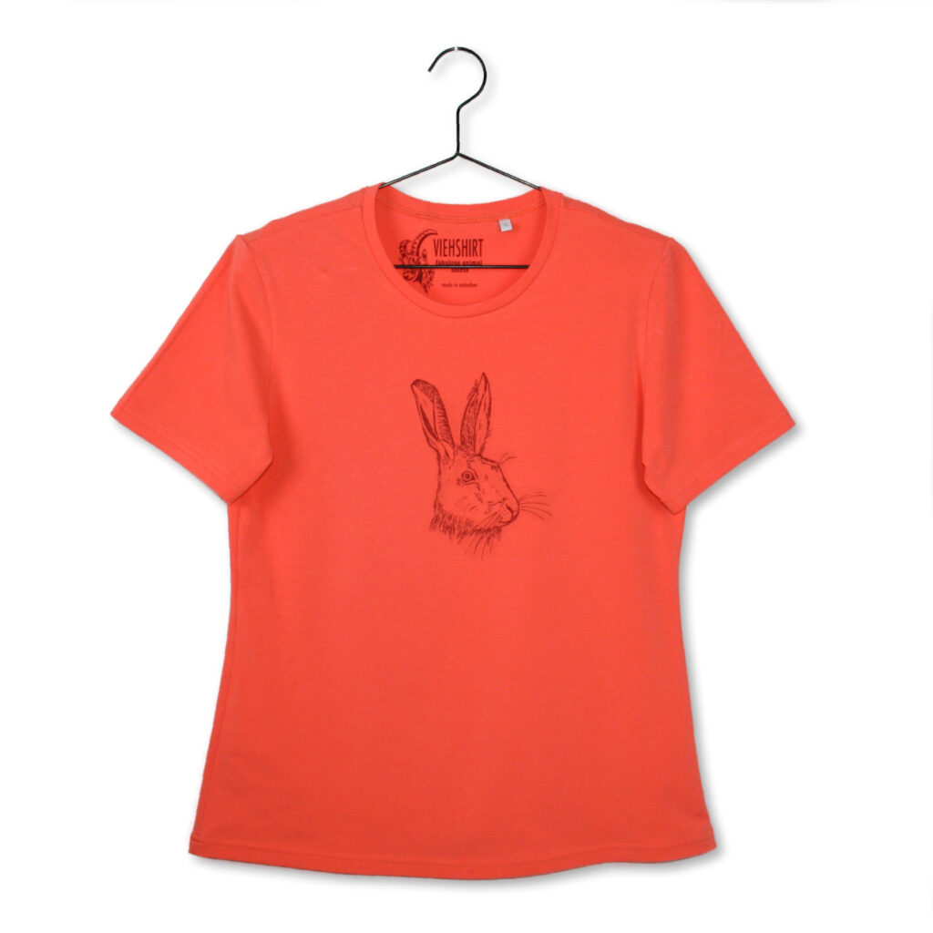 Lachsfarbenes T-Shirt mit Siebdruckmotiv Hase
