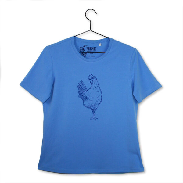Blaues T-Shirt mit Siebdruckmotiv Huhn
