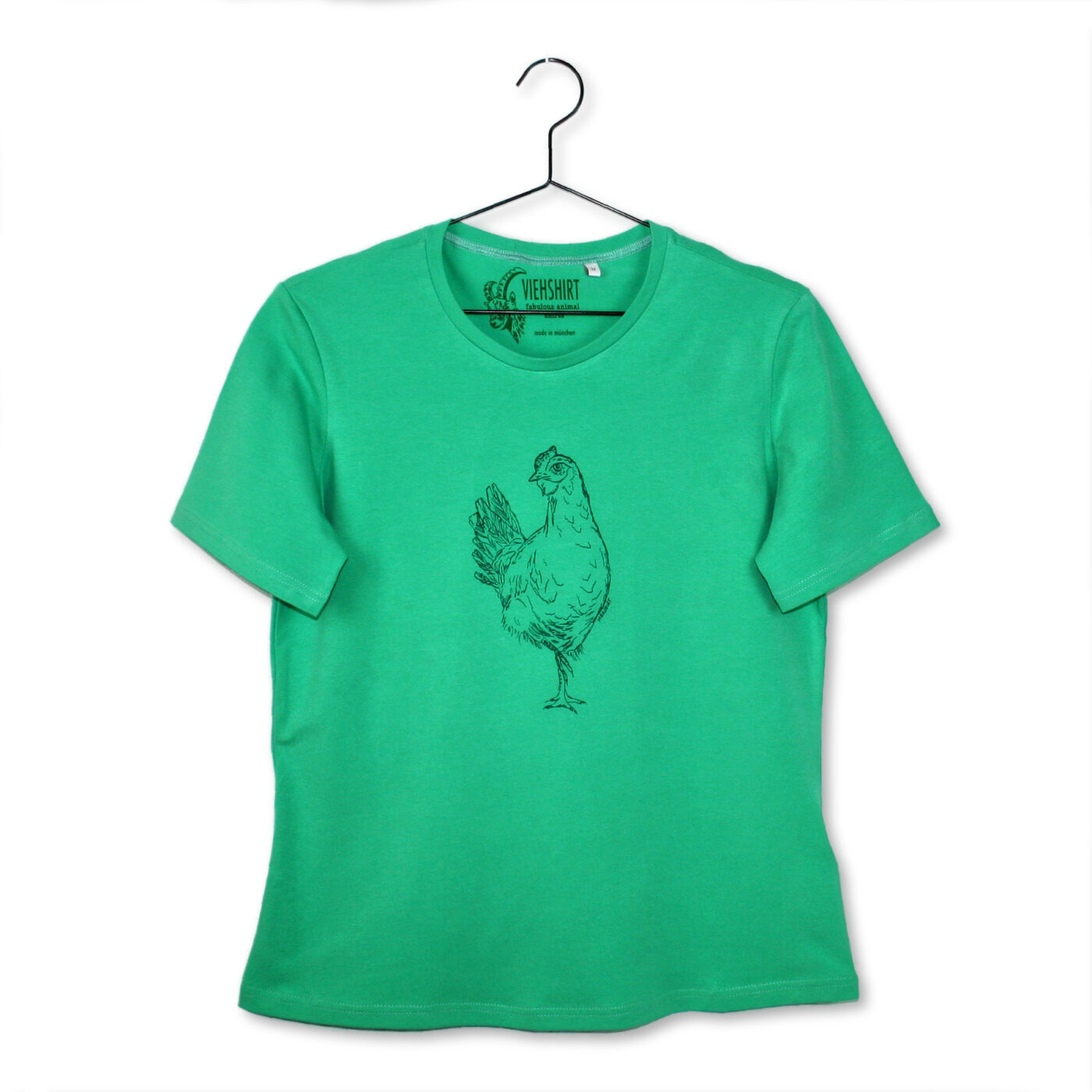 Grünes T-Shirt mit Siebdruckmotiv Huhn