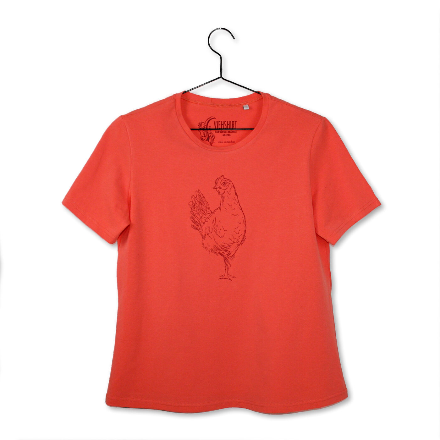 Lachsfarbenes T-Shirt mit Siebdruckmotiv Huhn