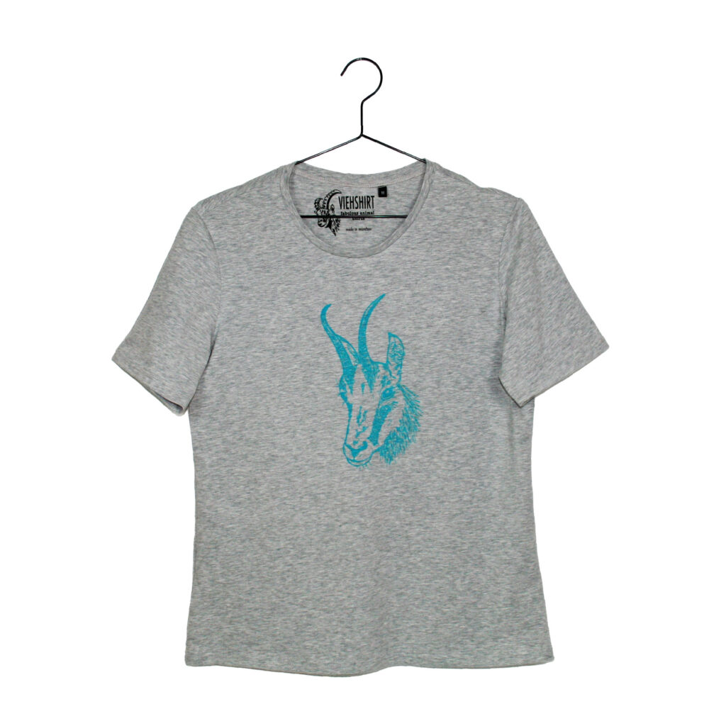 Graumeliertes T-Shirt mit aufgedrucktem Gams-Kopf in neon-türkis