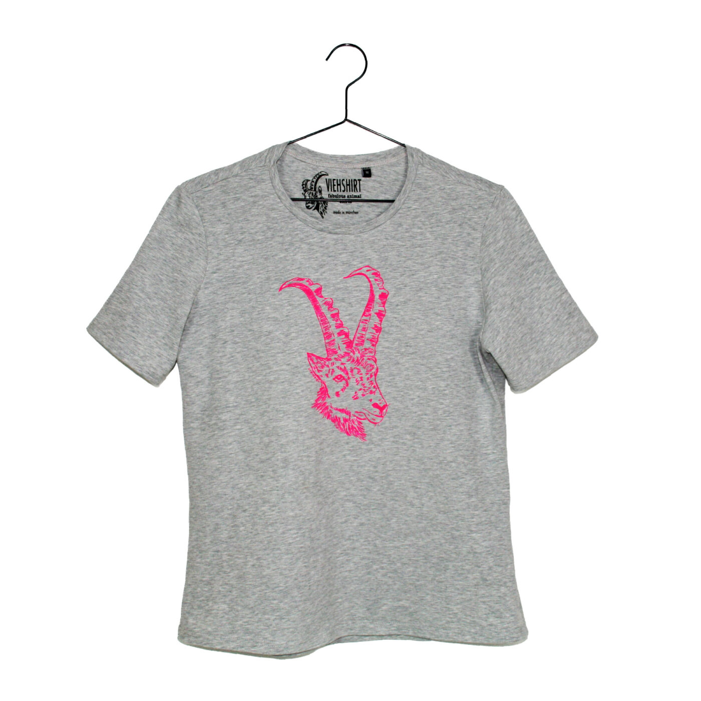 Graumeliertes T-Shirt mit aufgedrucktem Steinbock-Kopf in neon-pink