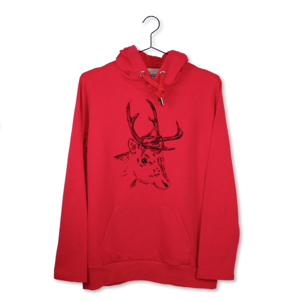 Roter Hoodie mit Siebdruckmotiv Rentierkopf