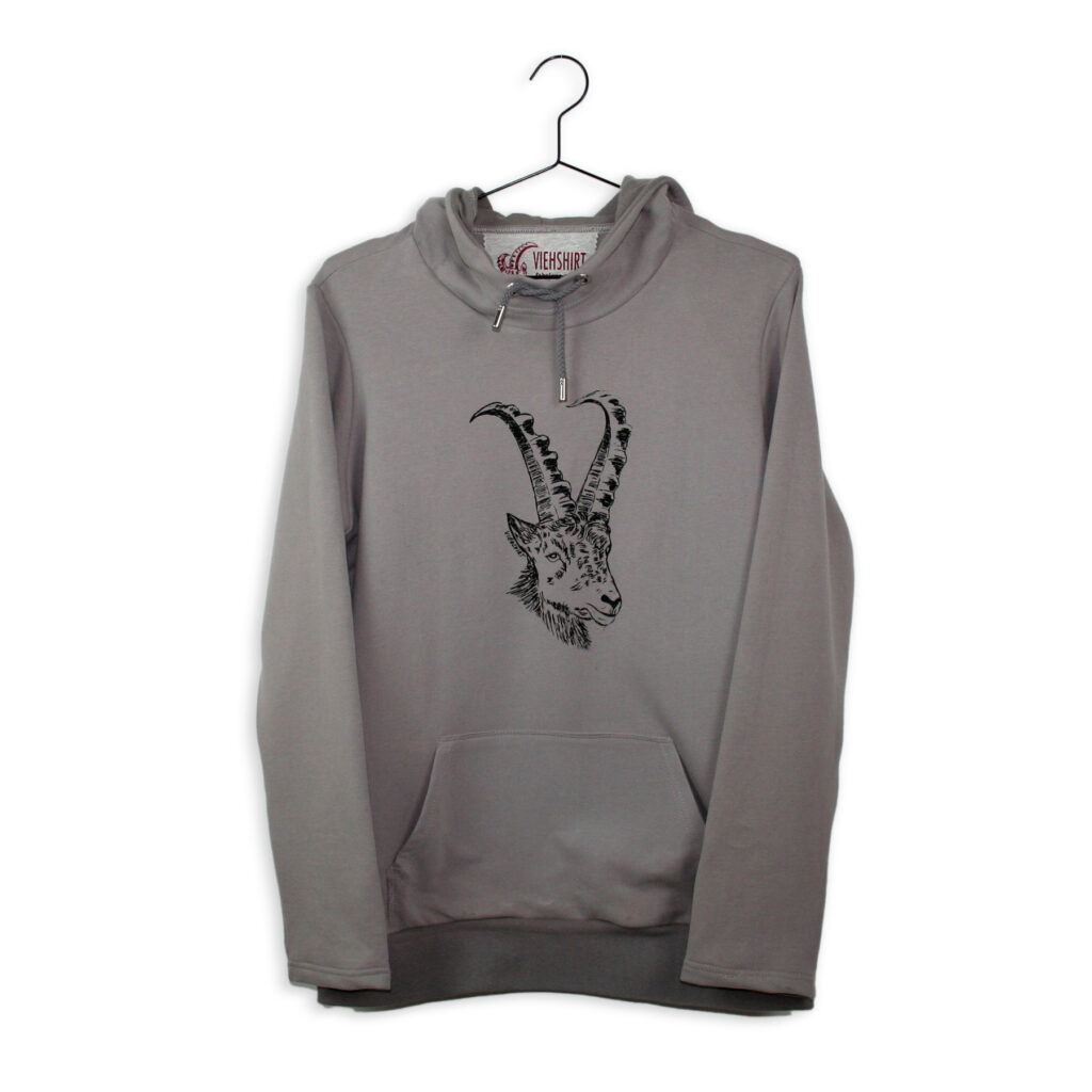 Grauer Hoodie mit Siebdruckmotiv Steinbockkopf