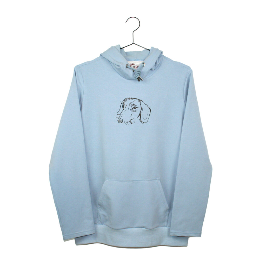 Blauer Hoodie mit Siebdruckmotiv Dackelkopf