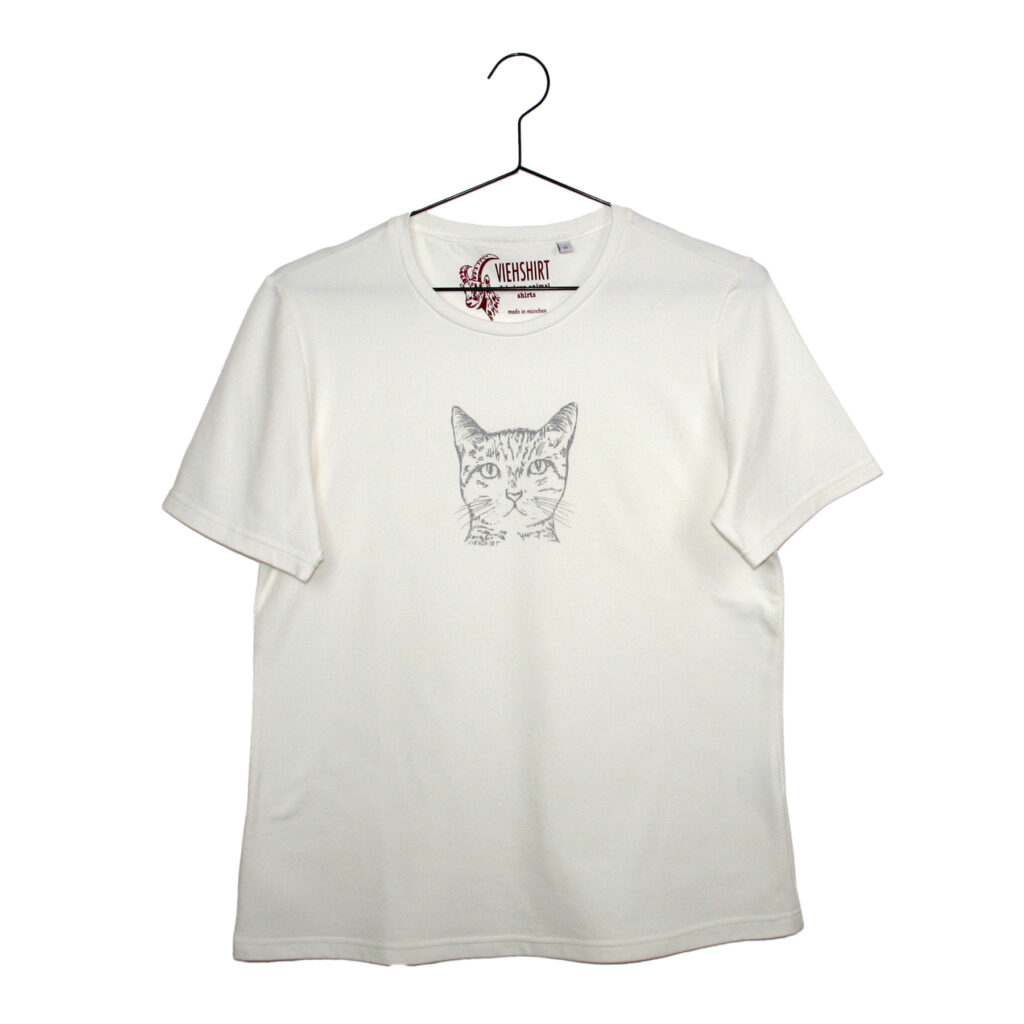 Weißes T-Shirt mit silberfarbenem Katzen-Kopf-Druck