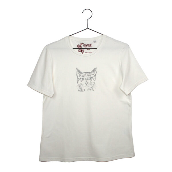 Weißes T-Shirt mit silberfarbenem Katzen-Kopf-Druck