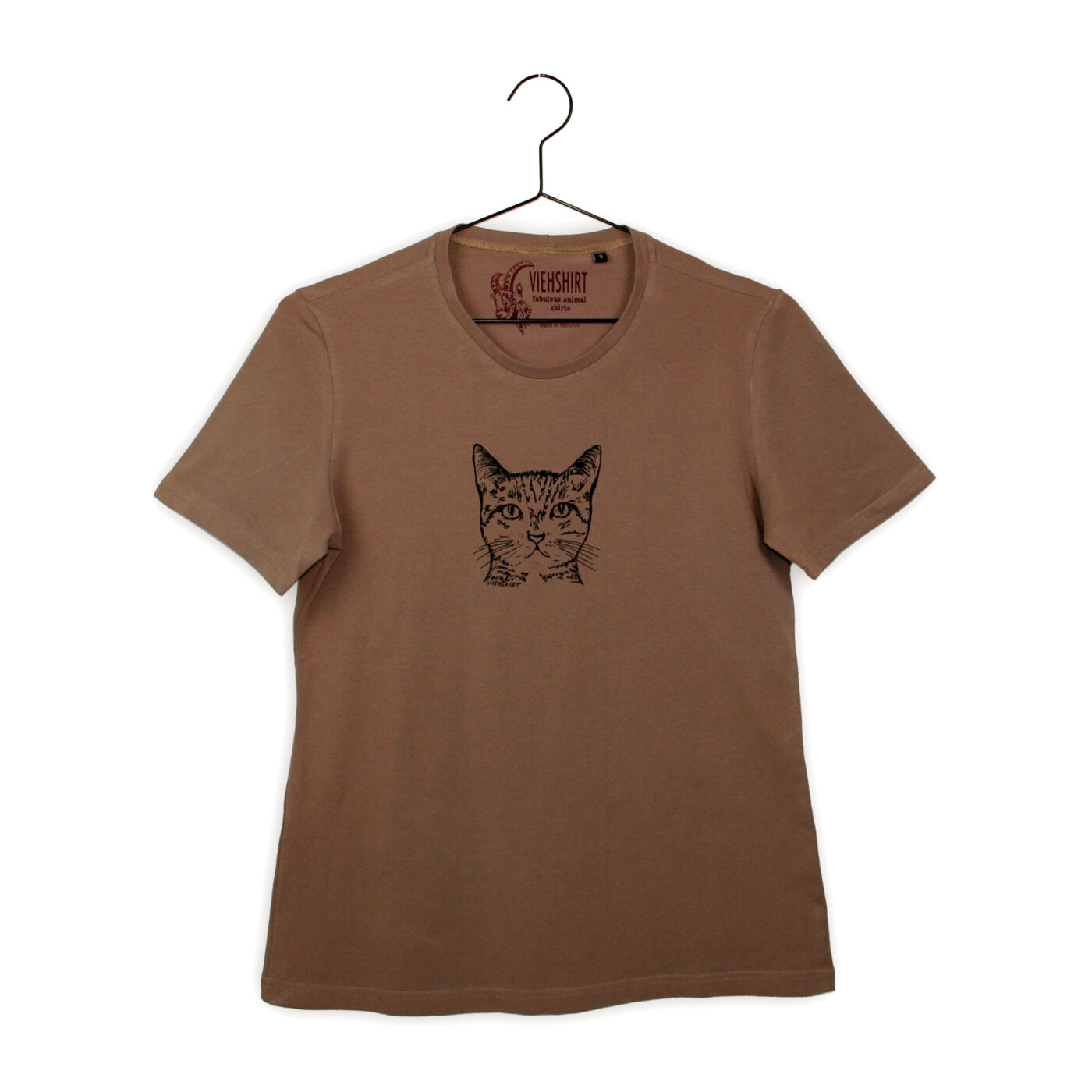 Braunes T-Shirt mit Siebdruckmotiv Katzenkopf