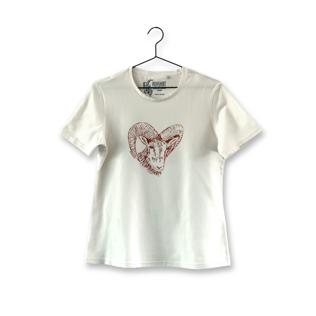 Weißes T-Shirt mit aufgedrucktem Mufflon-Kopf
