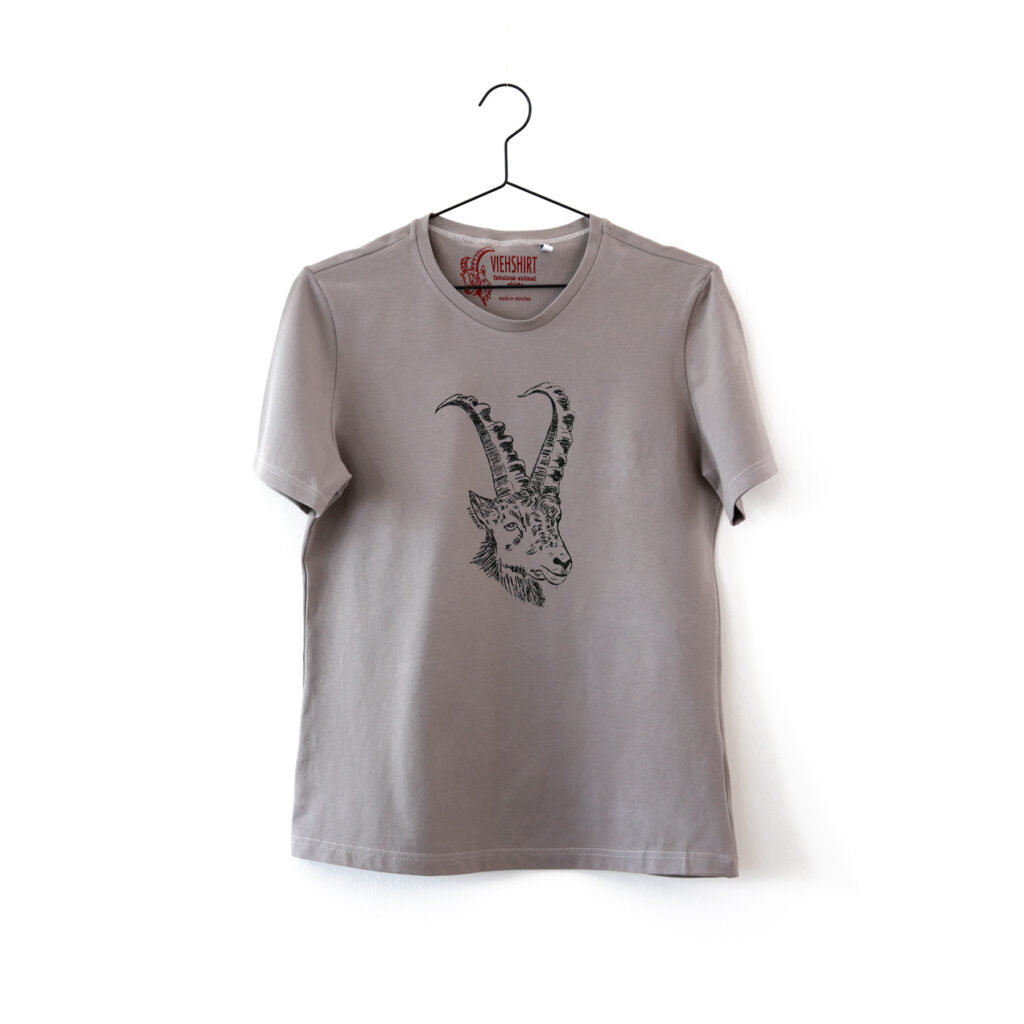 Graues T-Shirt mit Siebdruckmotiv Steinbock-Kopf