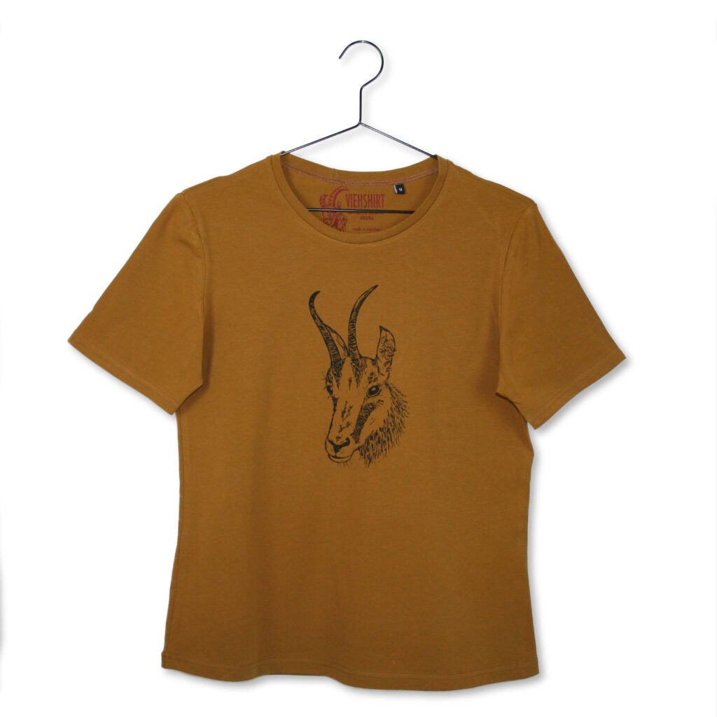 Ockerfarbenes T-Shirt mit Siebdruckmotiv Gams-Kopf