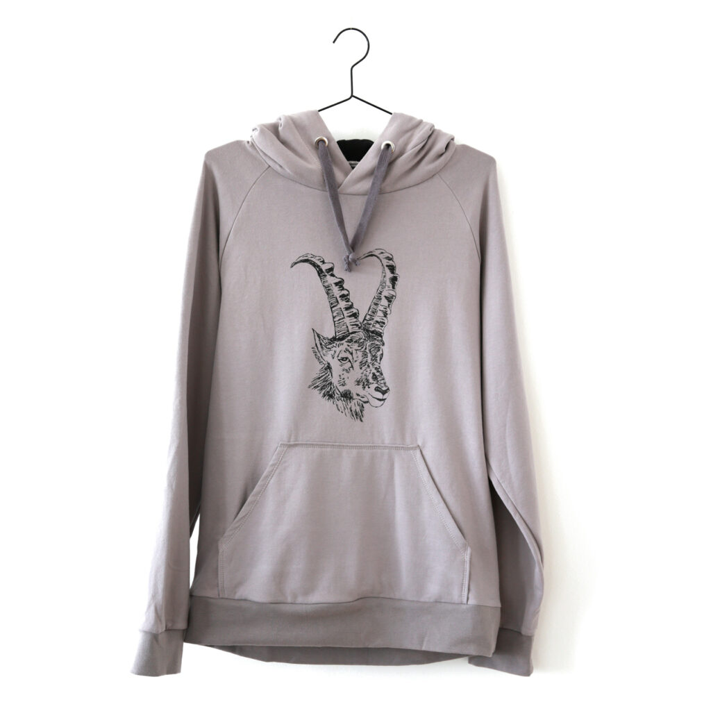 Grauer Hoodie mit Siebdruckmotiv Steinbockkopf