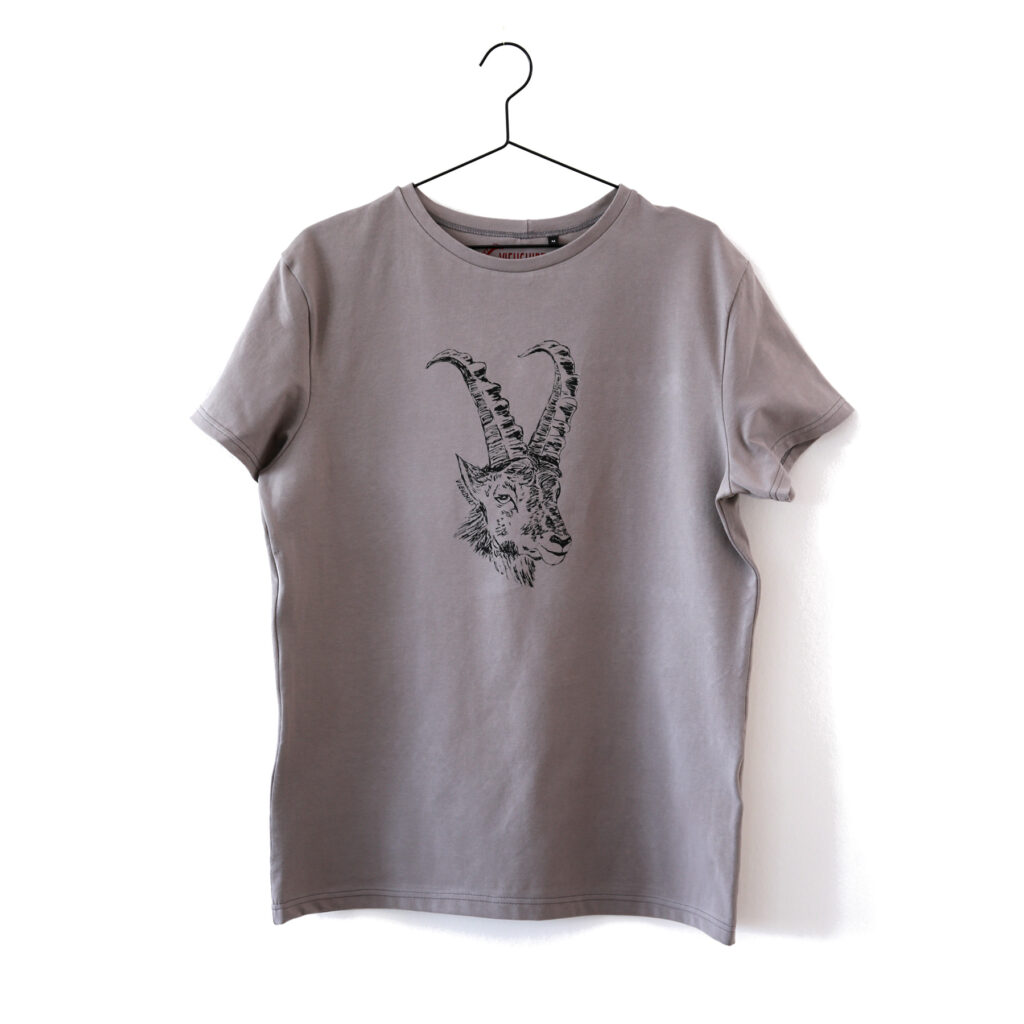 Graues T-Shirt mit Siebdruckmotiv Steinbock-Kopf