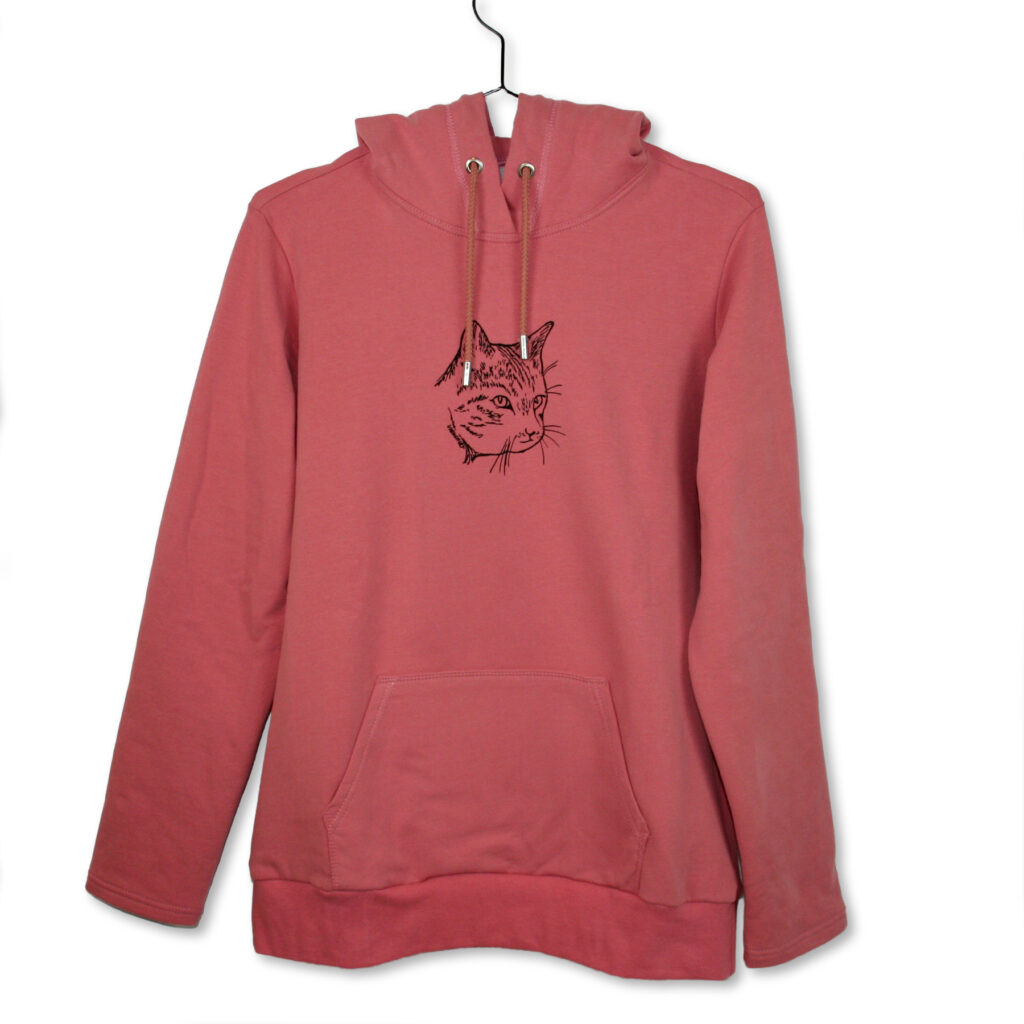 Rosafarbener Hoodie mit Aufdruck eines Katzen-Kopfes