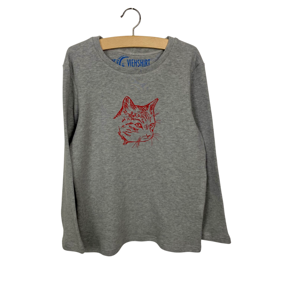 Graues Longsleeve mit Siebdruckmotiv Katze