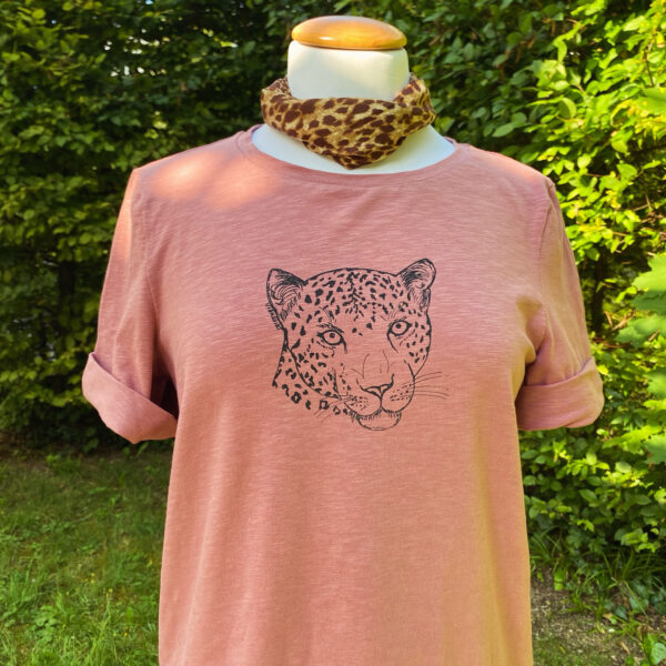 Rosafarbenes T-Shirt mit Siebdruckmotiv Leopard