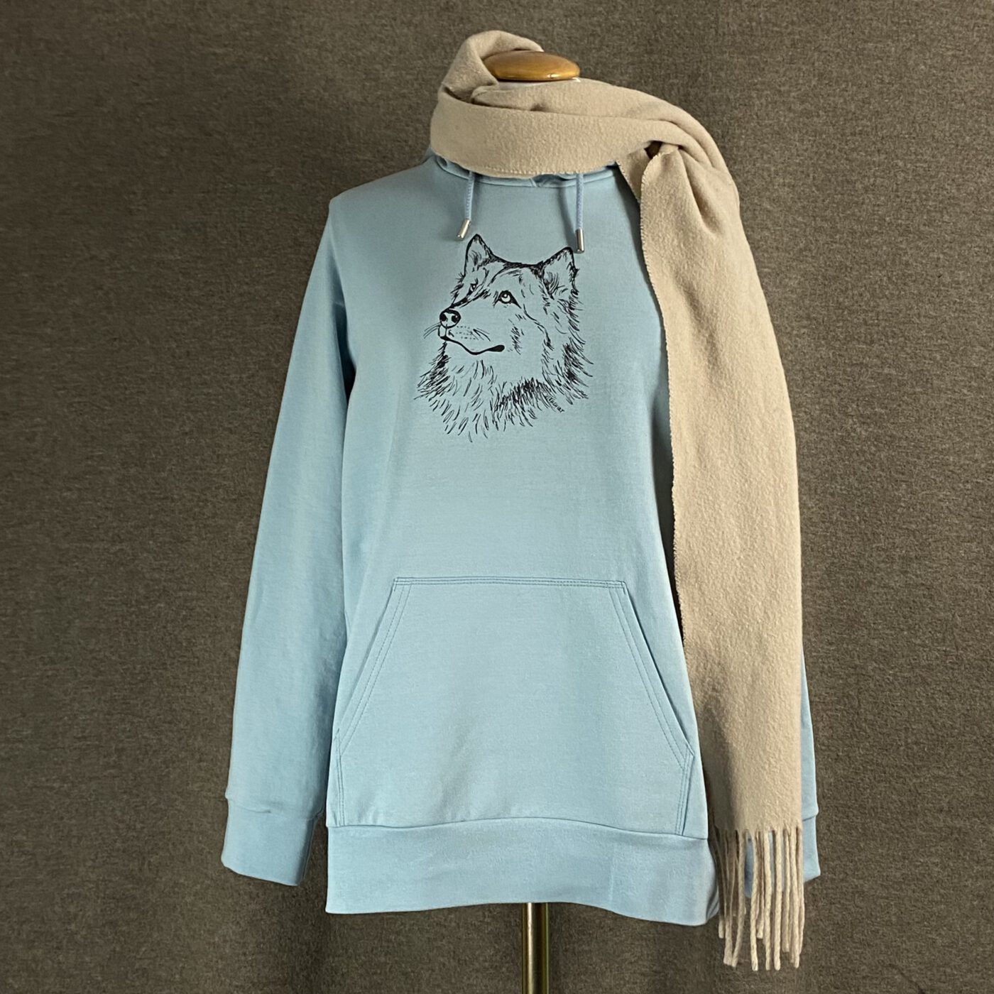 Blauer Hoodie mit Siebdruckmotiv Husky