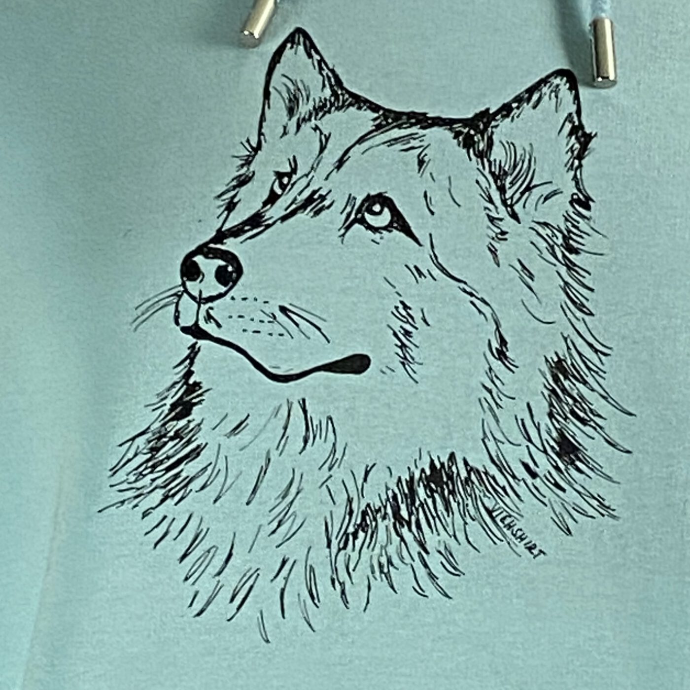 Blauer Hoodie mit Siebdruckmotiv Husky